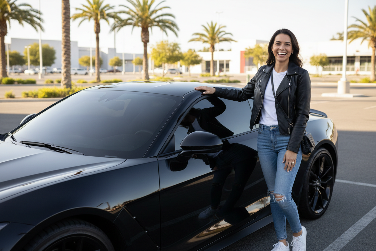 Female Happy about her newly tinted sportsar black